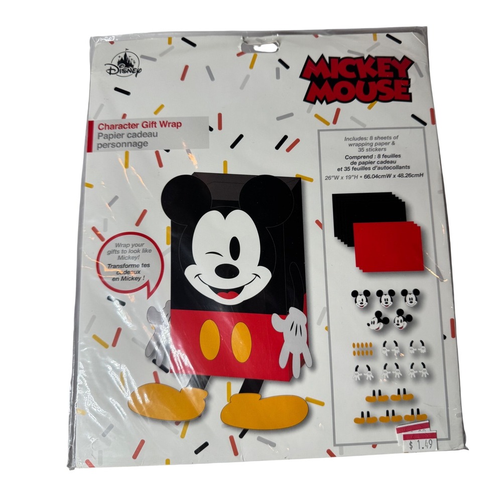 Disney Mickey Mouse Character Gift Wrap Set 8 Sheets 35 Stickers Red Black DIY